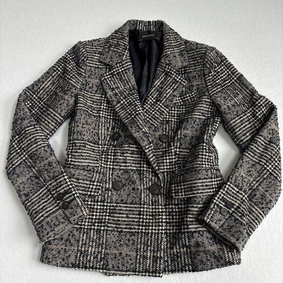 Zara Jackets & Blazers - Zara Plaid Wool Blend Blazer Womens S Gray Black Double Breasted Preppy Academia